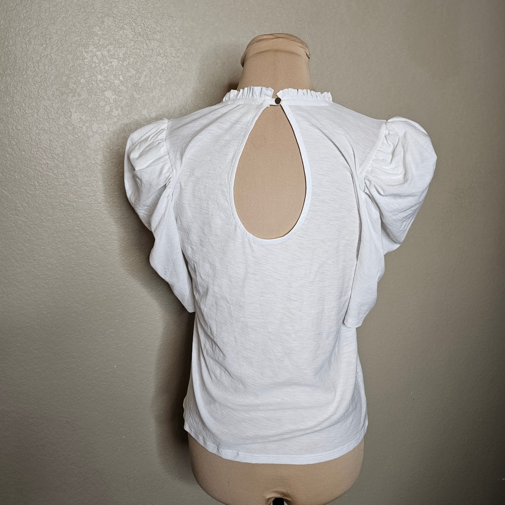 Nation LTD Emma Prim Proper Tee White Pima Cotton Puff Sleeve Ruffle Neck Top M - Picture 5 of 9